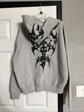 Urban Outfitters Gray Zip-Up Hoodie with Black Tribal Back Graphic